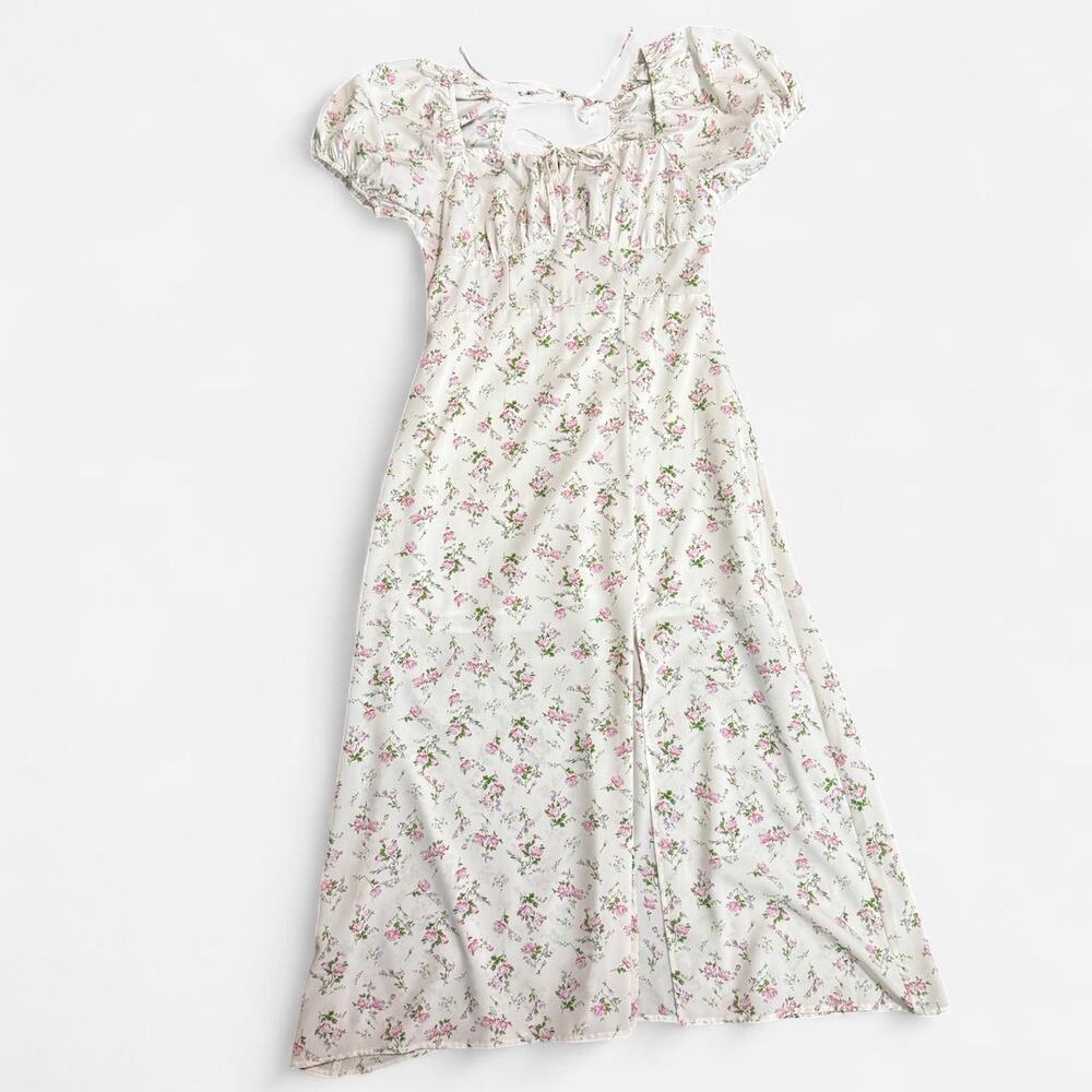 NooR White & Pink Floral Pattern Cottagecore Puff Sleeve Milkmaid Midi Dress - Picture 6 of 8